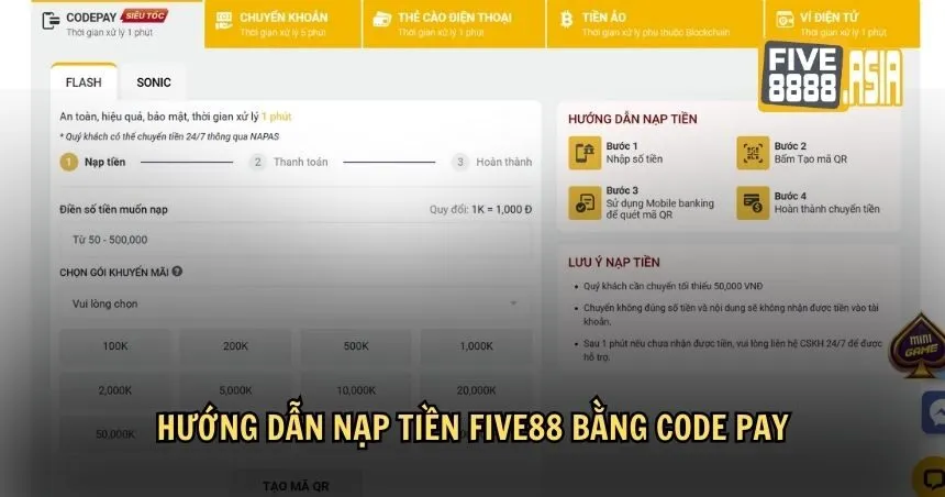 Hướng dẫn nạp tiền FIVE88 bằng Code Pay